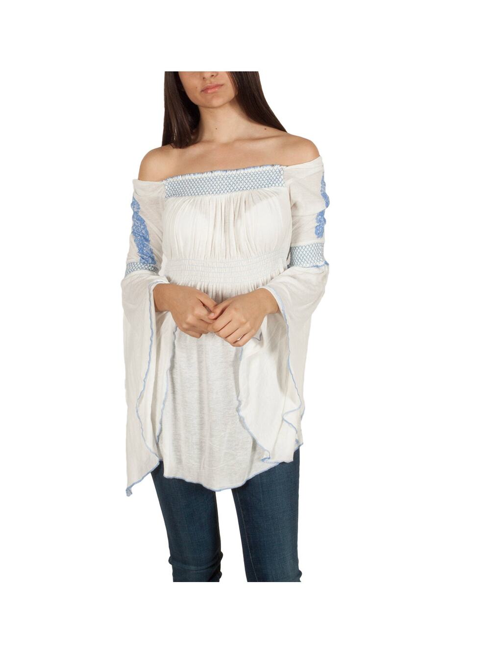 Free People XS White Blue Valley Top Bell Sleeve Boho Romantic Embroidered